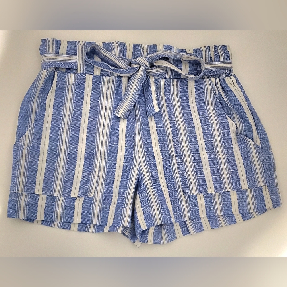 (4/$20) Blue and White High Waist Striped Shorts with Belt - Picture 1 of 4